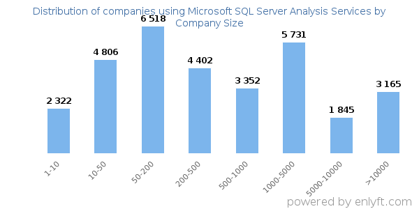 Companies using Microsoft SQL Server Analysis Services, by size (number of employees)