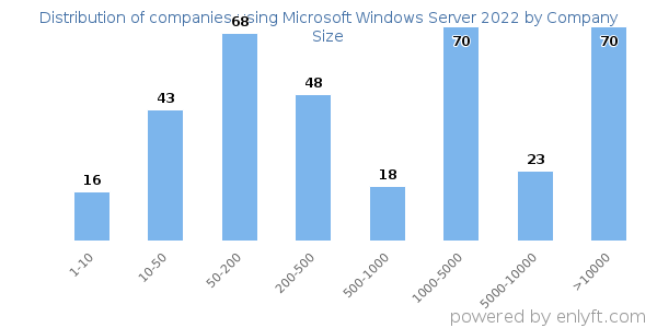 Companies using Microsoft Windows Server 2022, by size (number of employees)